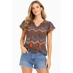 Democracy Chevron Print Hippie Top Womens Size L Western Boho Blouse Granola